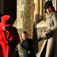 Britain\'s Queen Elizabeth II, Princess Charlotte of Cambridge and Catherine, duchess of Cambridge. leave after the royal family\'s traditional Christmas Day service at St. Mary Magdalene Church in Sandringham, Norfolk, eastern England, Wednesday. | AFP-JIJI