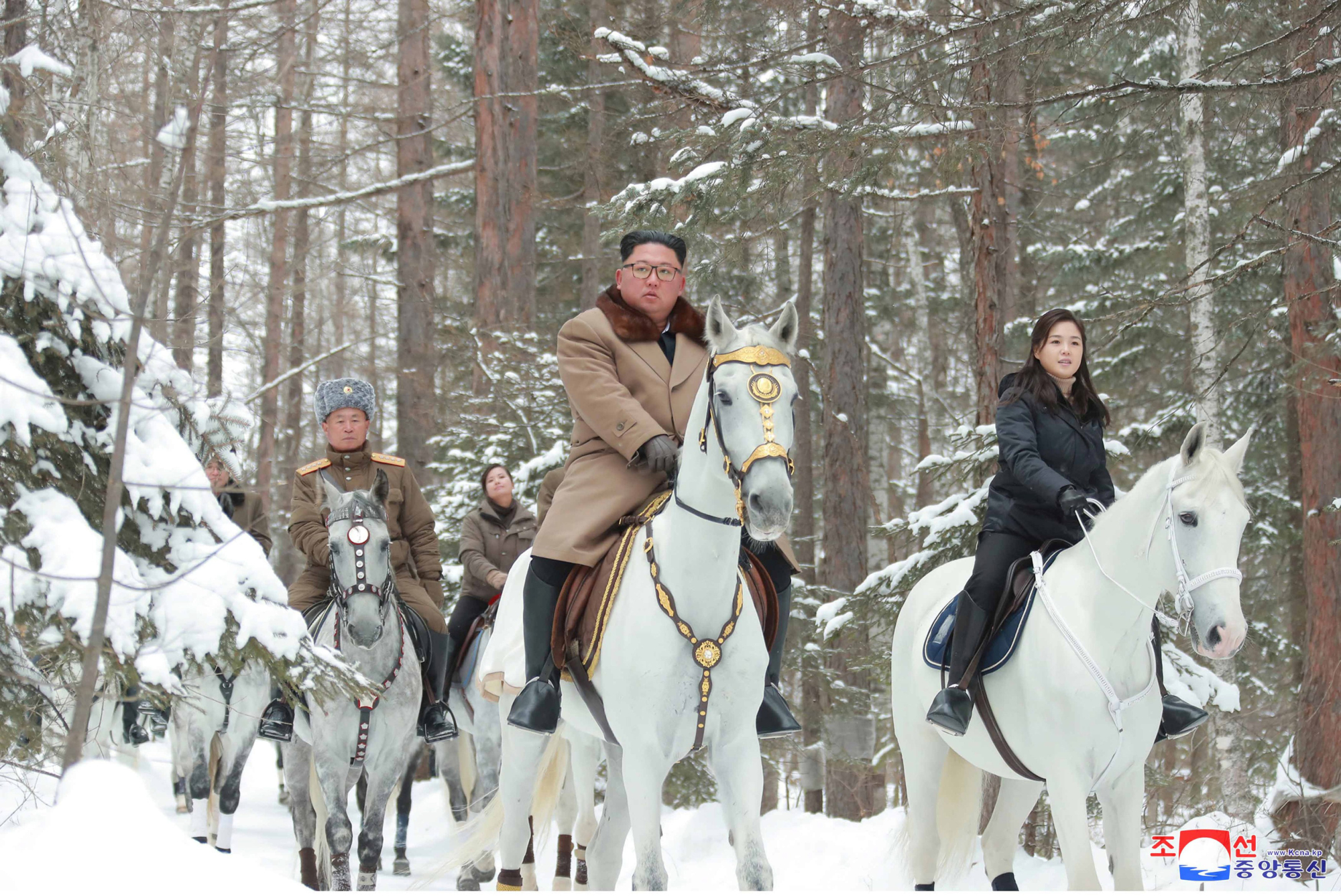 North Korean leader Kim Jong Un rides a white steed as he visits battle sites in the area of Mount Paektu in this undated picture released Wednesday. | KCNA / VIA REUTERS