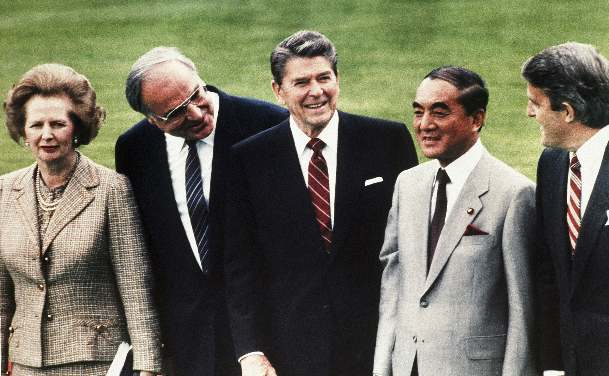 Left to right, British Prime Minister Margaret Thatcher, West German Chancellor Helmut Kohl, U.S. President Ronald Reagan, Japanese Prime Minister Yasuhiro Nakasone and Canadian Prime Minister Brian Mulroney pose during the World Economic Summit in Bonn, Germany, on May 3, 1985. | AP