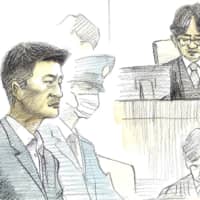 A court illustration shows Mitsuru Nakata listening as he is given the death penalty for choking his wife and two children to death at their home in Fukuoka Prefecture in June 2017. | KYODO