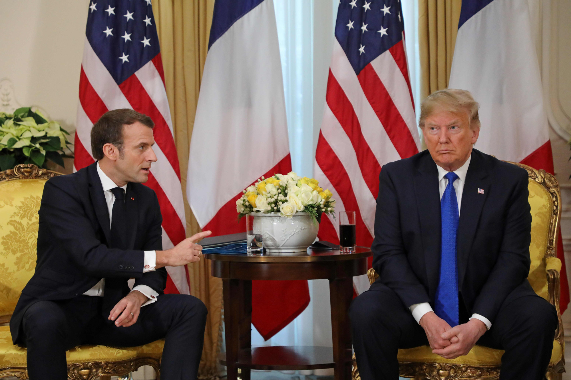 French President Emmanuel Macron meets his U.S. counterpart, Donald Trump, on Tuesday in London, where the two leaders are attending the NATO summit. | AFP-JIJI