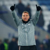 Leicester City manager Brendan Rodgers celebrates after a match against Watford at King Power Stadium on Wednesday. | REUTERS