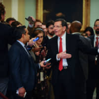 Sen. John Barrasso talks to media near the Senate floor during a brief recess from the day\'s Senate impeachment trial of President Donald Trump in Washington Wednesday. | REUTERS
