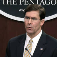 Secretary of Defense Mark Esper talks to the press on Iran and Iraq Tuesday at the Pentagon in Washington. | DIVIDS / VIA AP