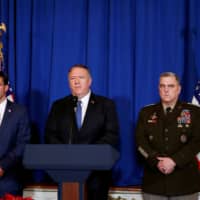 U.S. Secretary of State Mike Pompeo speaks at the Mar-a-Lago resort in Palm Beach, Florida, Sunday, With him are U.S. Army General Mark Milley and U.S. Defense Secretary Mark Esper. | REUTERS