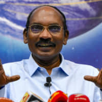 Chairman of the Indian Space Research Organization (ISRO) Kailasavadivoo Sivan gestures as he announces ISRO\'s plans for 2020, including the progress in the Chandrayaan 3 moon mission and Gaganyaan mission for putting an Indian astronaut into space, during a press conference held at the ISRO headquarters in Bangalore, India, on Wednesday. | AFP-JIJI