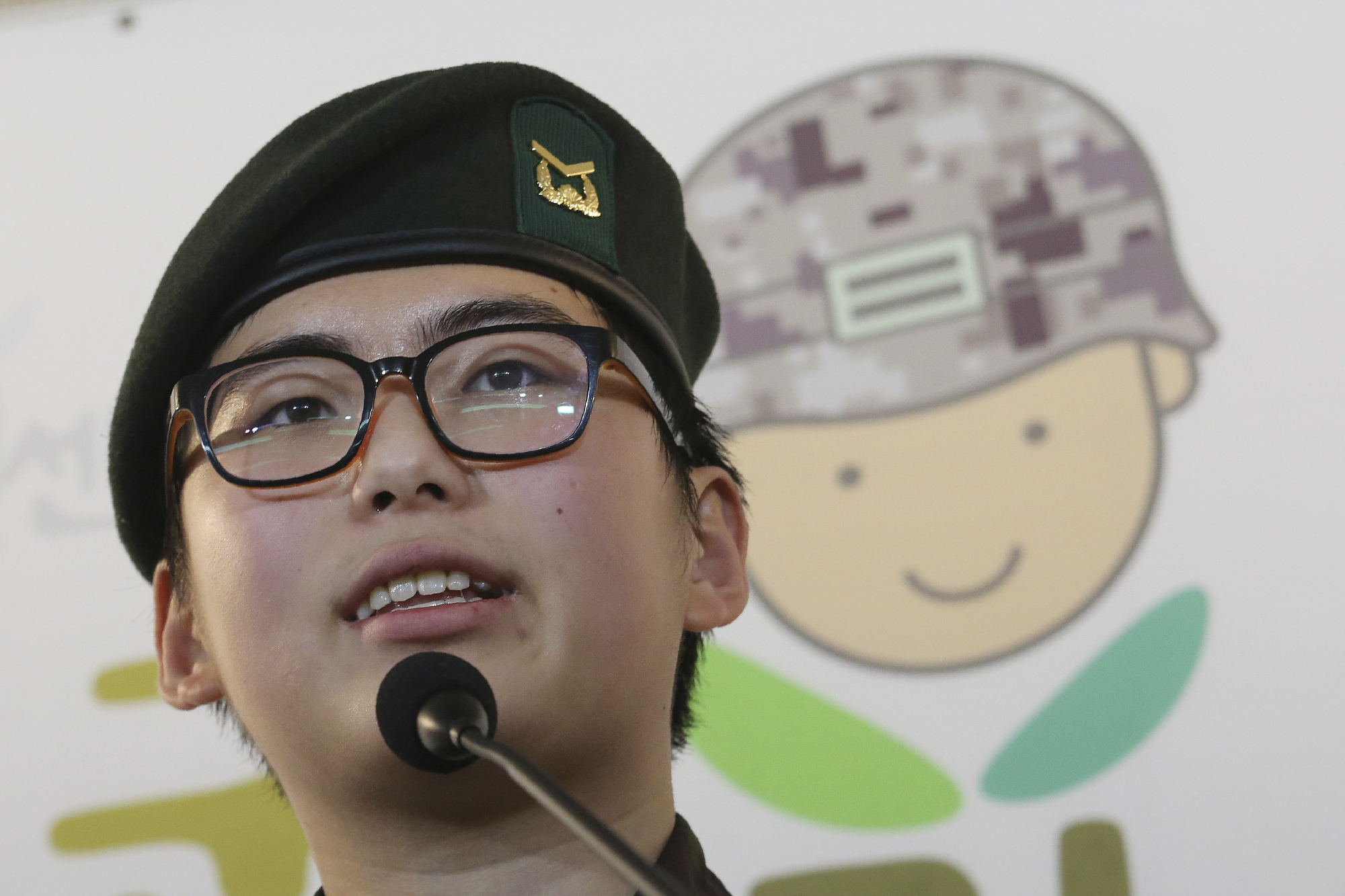South Korean Army Sgt. Byun Hui-su speaks during a news conference at the Center for Military Human Right Korea in Seoul on Wednesday. | AP