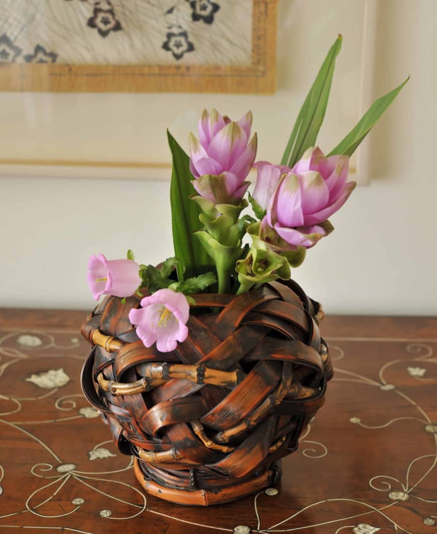 Weaving art into life: Mariangela Montgomery collects Japanese woven baskets, which she often uses for her fresh flower arrangements. | HIROSHI ABE
