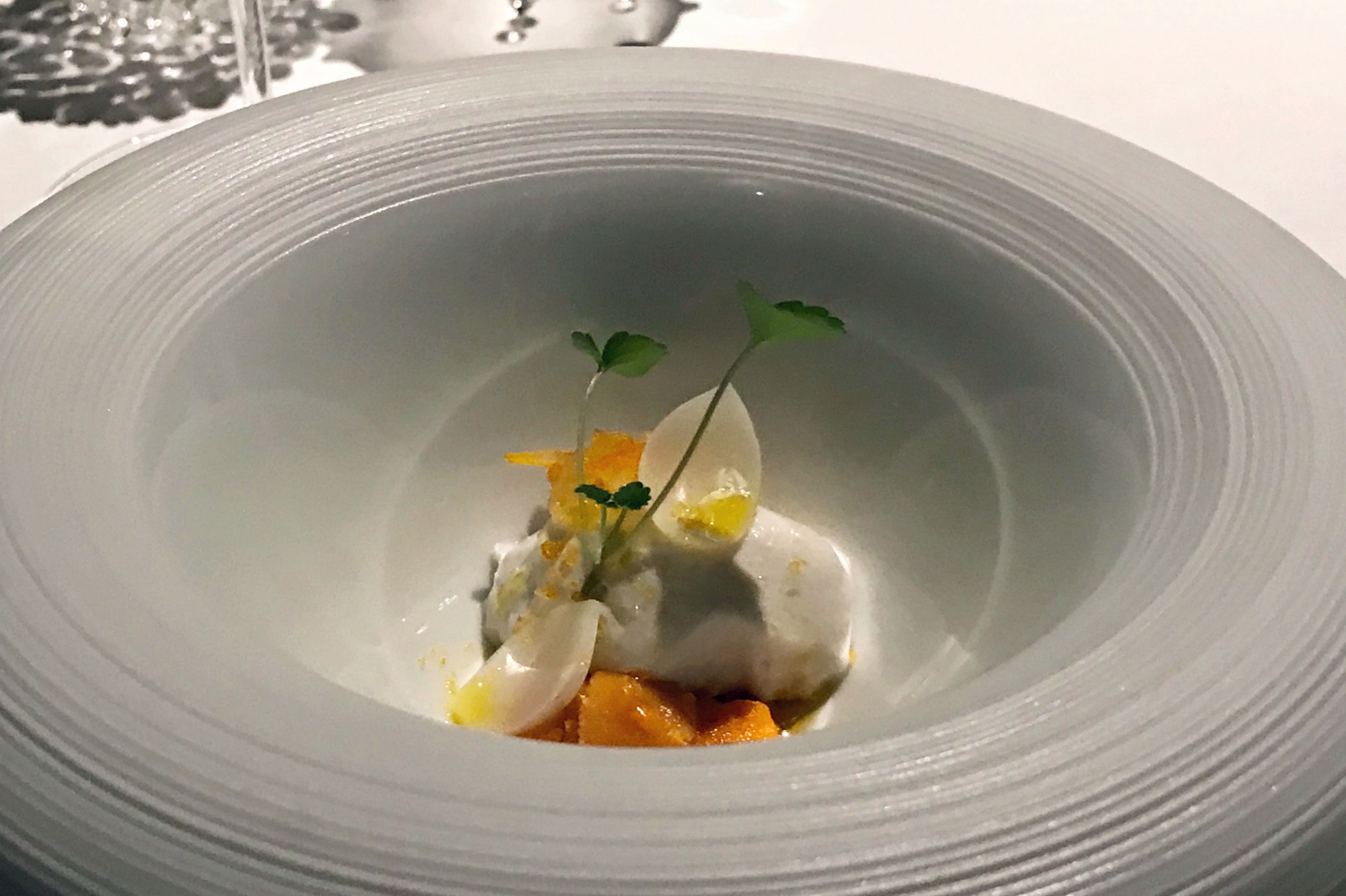 Lotus root blancmange with uni and kumquat compote: Chef Ryoma Shida's menu at Elan is precise and seasonal, deftly incorporating Japanese ingredients into his modern French cuisine. | ROBBIE SWINNERTON