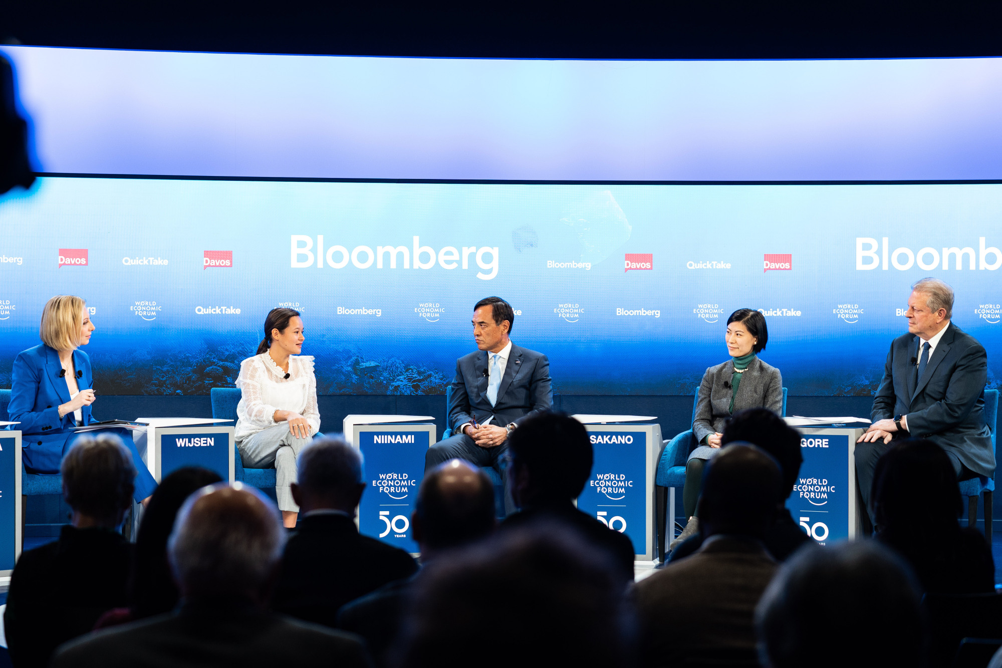 Panelists participate in the 'Breaking Free From Single-Use Plastic' session at the World Economic Forum's annual meeting in Davos, Switzerland, on Jan. 24. | WORLD ECONOMIC FORUM / VIA SIKARIN FON THANACHAIARY