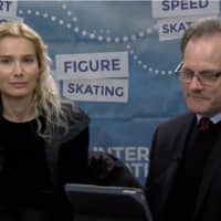 Announcer Ted Barton, seen here with coach Eteri Tutberidze last season, commentated on the worldwide English stream of the Russian Championships last month in Krasnoyarsk. | ISU