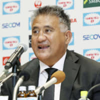 Brave Blossoms head coach Jamie Joseph speaks at a Wednesday news conference in Tokyo. It was the first time Joseph met the media since renewing his contract with the JRFU. | KYODO