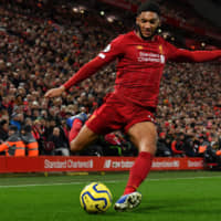 Liverpool\'s Divock Origi moves for the ball against Sheffield United in Premier League action at Anfield on Thursday night. | AFP-JIJI