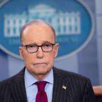 Larry Kudlow, director of the National Economic Council, speaks during a television interview in the Brady Press Briefing Room of the White House in Washington Jan. 29. The new coronavirus outbreak in China will delay Beijing\'s plans to purchase goods from the United States under the terms of a trade deal, the top U.S. trade official said Tuesday. | AFP-JIJI