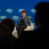 Kristalina Georgieva, managing director of the International Monetary Fund (IMF), reacts during a panel session on the closing day of the World Economic Forum in Davos, Switzerland, in January. | BLOOMBERG