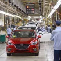 A factory operated by Changan Mazda Automobile Co., Toyota Motor Corp. and Mazda Motor Corp. in Nanjing, China, partially resumed operations Monday. | KYODO
