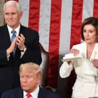 Speaker of the U.S. House of Representatives Nancy Pelosi rips a copy of the speech by U.S. President Donald Trump (below) after he delivered the State of the Union address at the U.S. Capitol in Washington Tuesday as Vice President Mike Pence claps. | AFP-JIJI