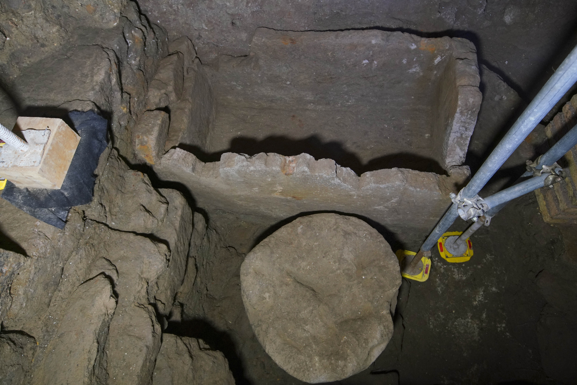 A 1.4-meter-wide sarcophagus and what appears to be an altar, dating back to the sixth century B.C., in an underground chamber at the Roman Forum. | AP