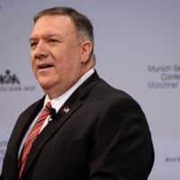 U.S. Secretary of State Mike Pompeo addresses the Munich Security Conference on Saturday. | REUTERS
