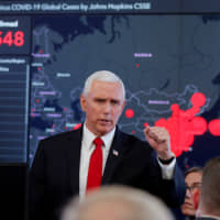 U.S. Vice President Mike Pence speaks during a tour of the \"secretary\'s operation center\" following a coronavirus task force meeting at the Department of Health and Human Services in Washington on Thursday. | REUTERS