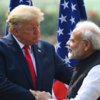 U.S. President Donald Trump and Indian Prime Minister Narendra Modi hold a joint news conference at Hyderabad House in New Delhi on Tuesday. | AFP-JIJI