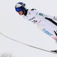 Ryoyu Kobayashi competes in the men\'s large hill individual event at the FIS Ski Jumping World Cup in Sapporo on Sunday. | AFP-JIJI