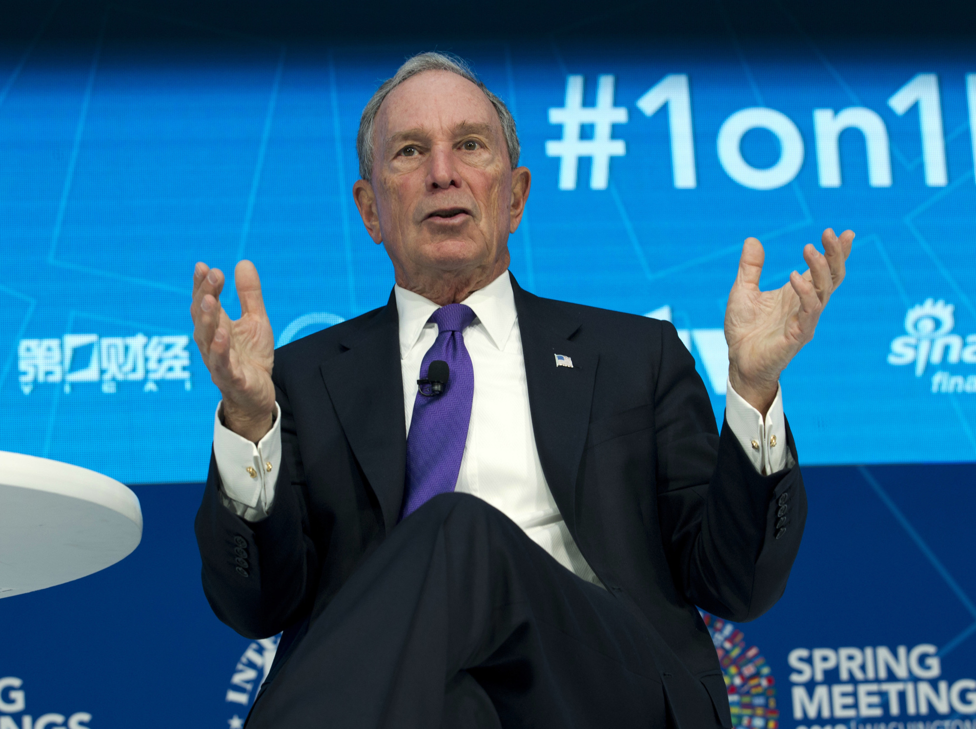 Former New York City Mayor Mike Bloomberg speaks at World Bank/IMF spring meetings in Washington in April 2018. | AP