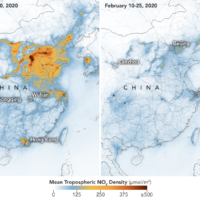 A NASA satellite image shows significant drops of major airborne pollutants above vast swaths of China. | NASA