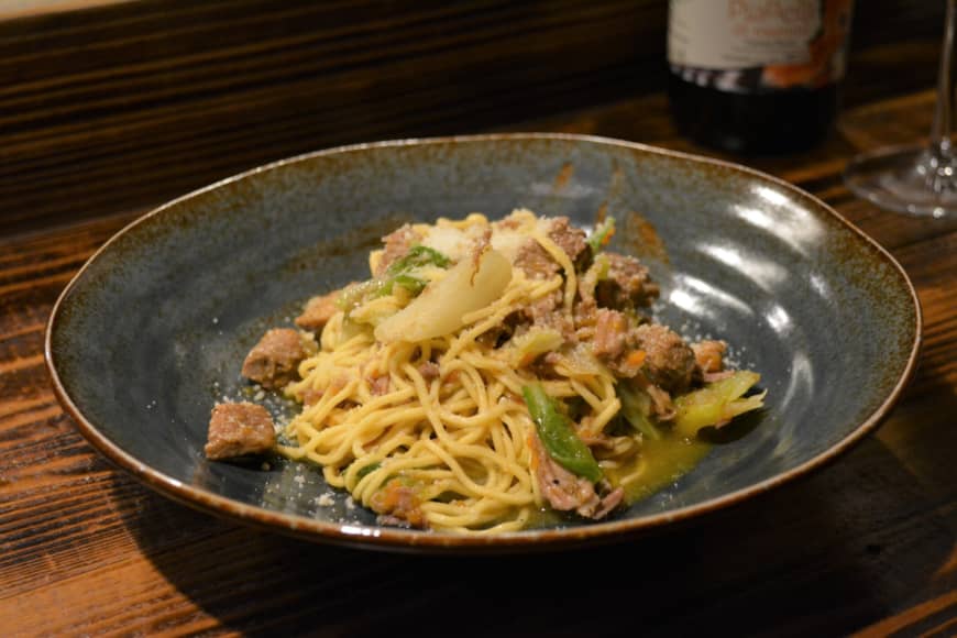 Local, fresh, organic: A dish of tagliolini pasta with ragu and Yoshida Noen cabbage at Osteria Giulietta | CHIARA TERZUOLO