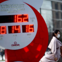 A giant watch for the 2020 Olympics counts down to the games in Tokyo on March 16. | REUTERS
