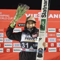 Sara Takanashi celebrates her victory on Monday in Lillehammer, Norway. | KYODO