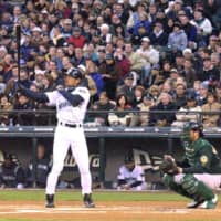 Ichiro Suzuki stands in the box for his first MLB at-bat on April 2, 2001, in Seattle. | KYODO