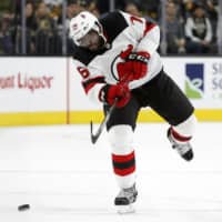 Devils defenseman P.K. Subban passes during a game against the Golden Knights on March 3 in Las Vegas. | AP