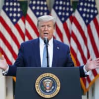 U.S. President Donald Trump speaks during the daily briefing on the novel coronavirus in the Rose Garden of the White House on Wednesday. | AFP-JIJI