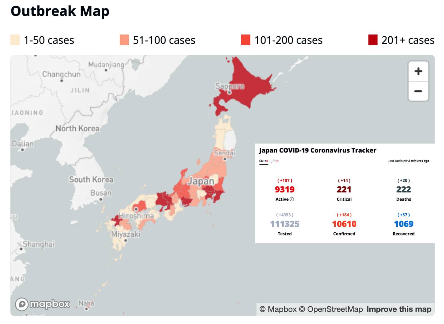 A composite image of a map showing Japan’s hardest hit prefectures and COVID-19 case info (from April 19) displayed on the non-government tracker site, covid19japan.com | COURTESY OF COVID19JAPAN.COM