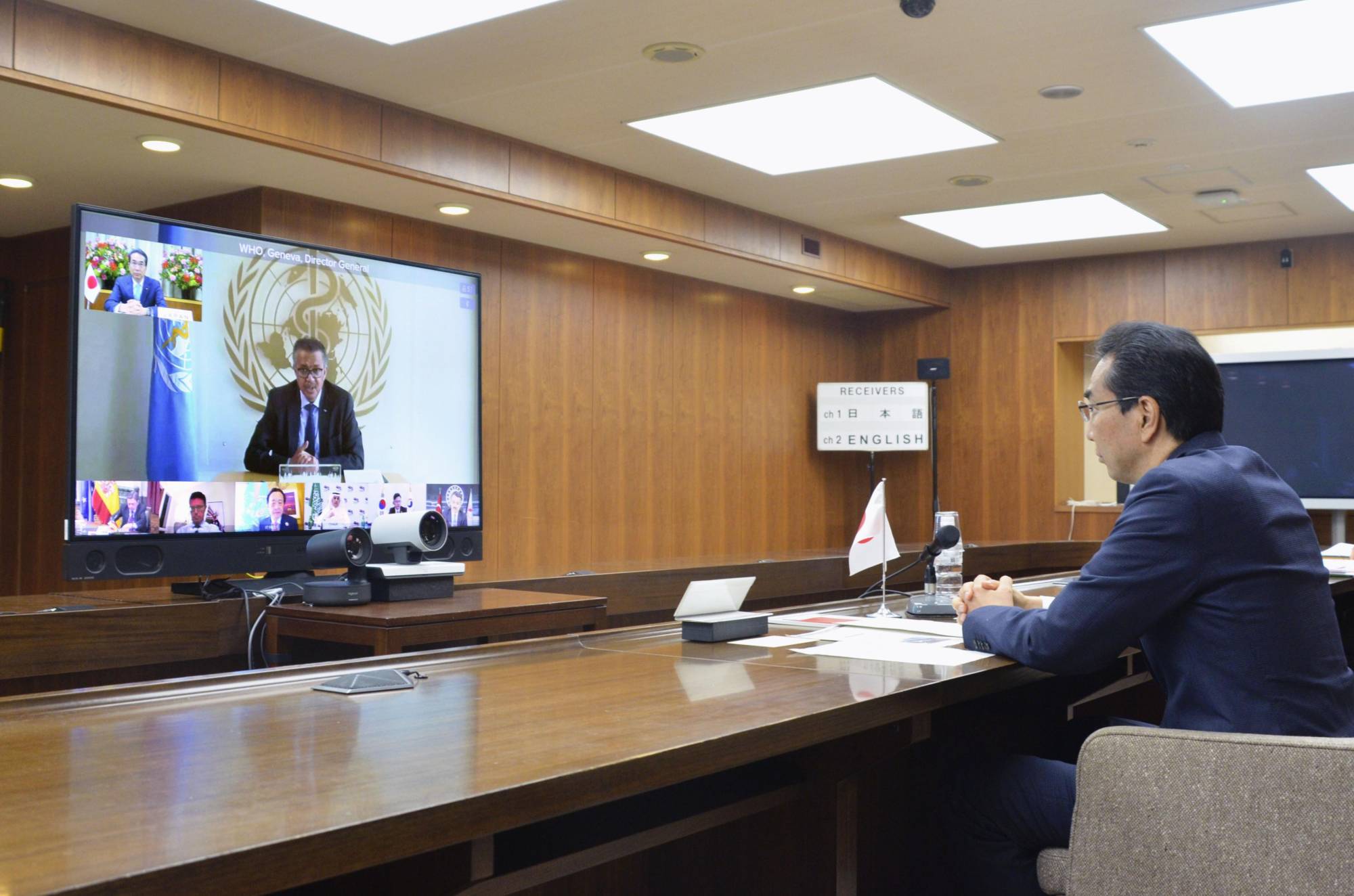 Japan's farm minister Taku Eto participates in a videoconference with Group of 20 farm ministers on Tuesday evening to discuss steps deal with the COVID-19 pandemic. | AGRICULTURE, FORESTRY AND FISHERIES MINISTRY / VIA KYODO