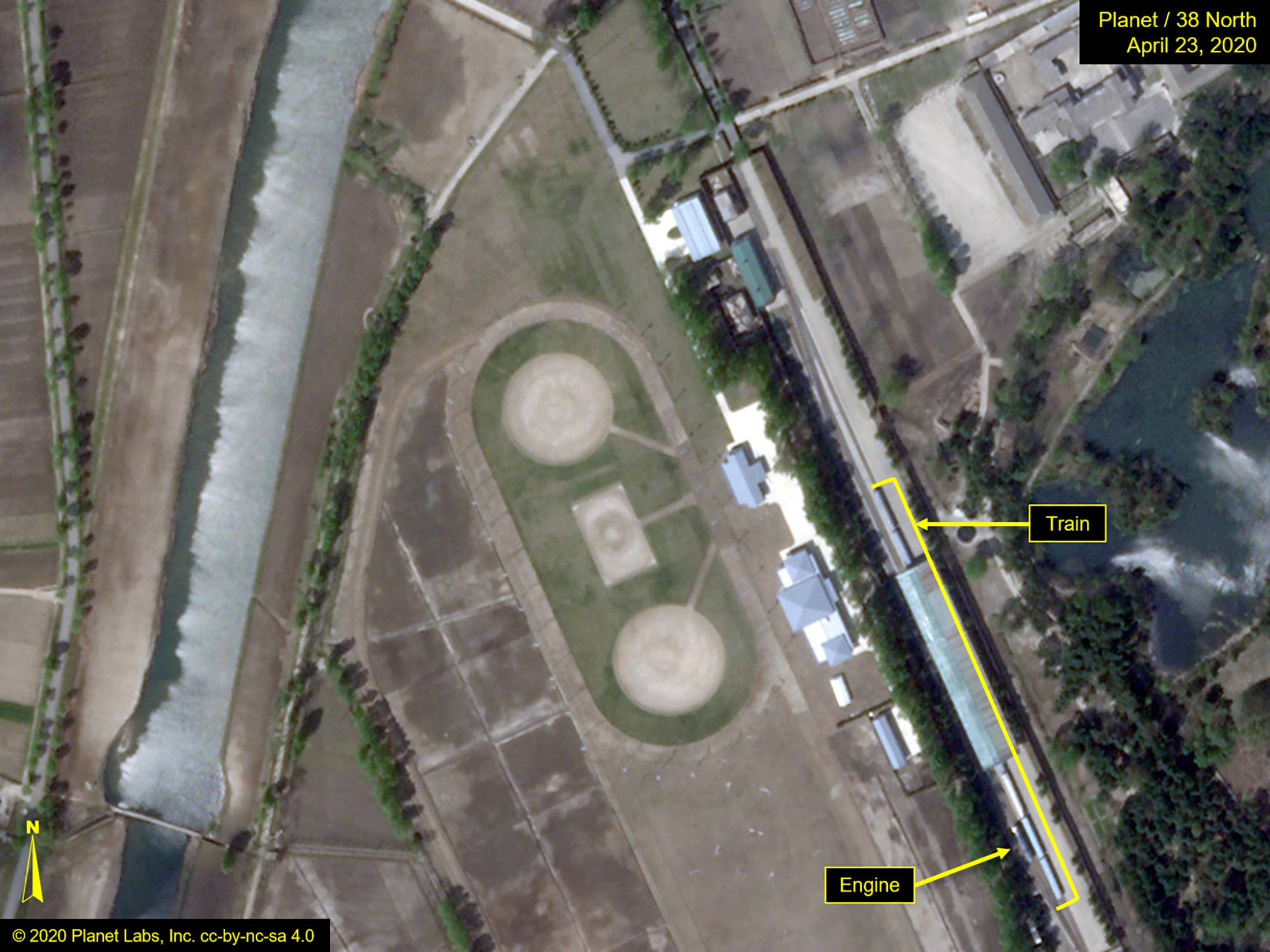 What is described by Washington-based North Korea monitoring project 38 North as a special train possibly belonging to North Korean leader Kim Jong Un is seen in a satellite image taken over the resort city of Wonsan on Thursday.  | PLANET LABS / 38 NORTH / VIA REUTERS