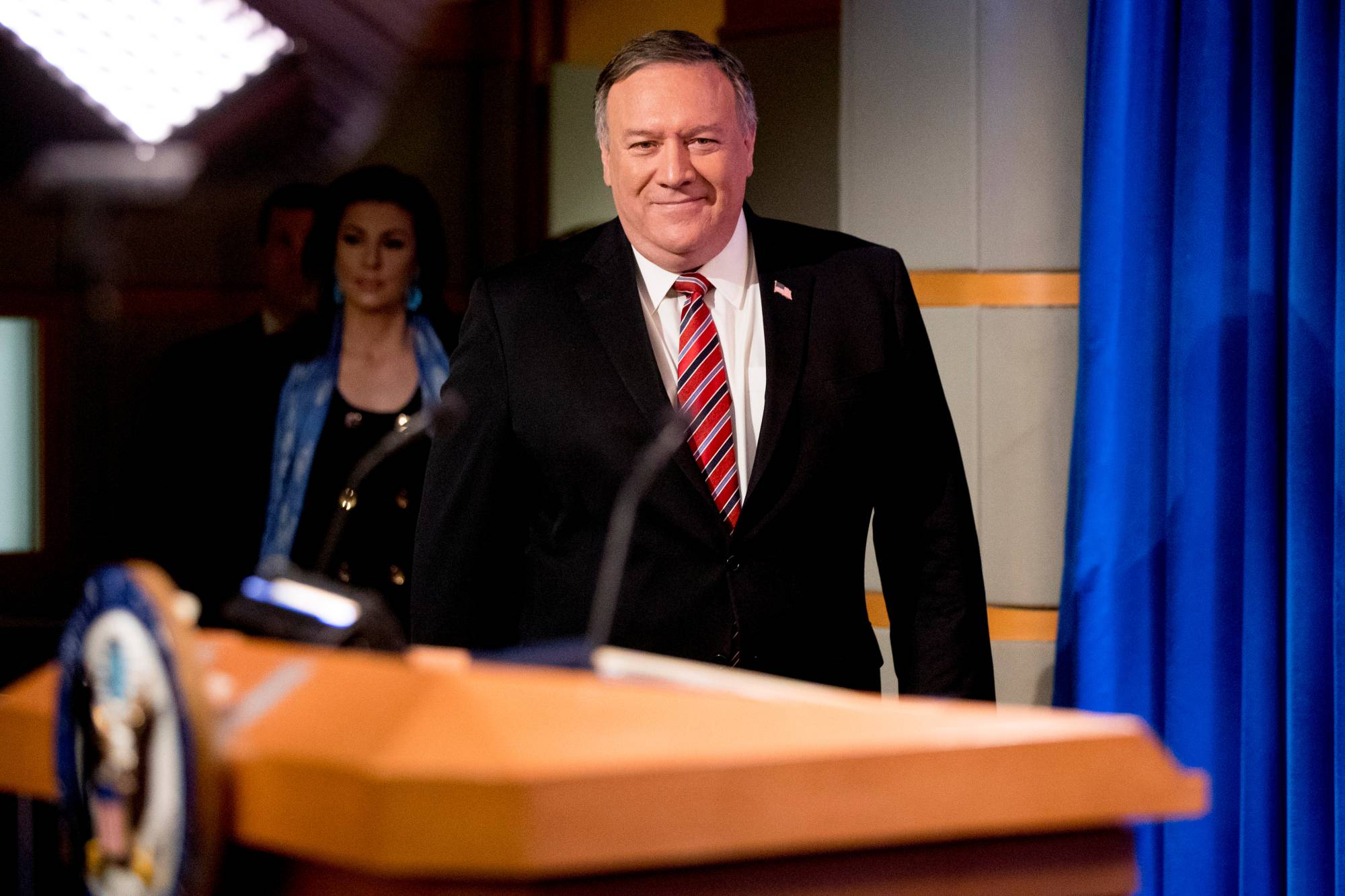 U.S. Secretary of State Mike Pompeo arrives for a news conference at the State Department in Washington on Wednesday. | POOL / VIA REUTERS
