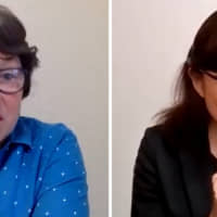 Peggy Prosser (left) is interviewed through a Japanese Sign Language interpreter in a video conference.  | MAGDALENA OSUMI