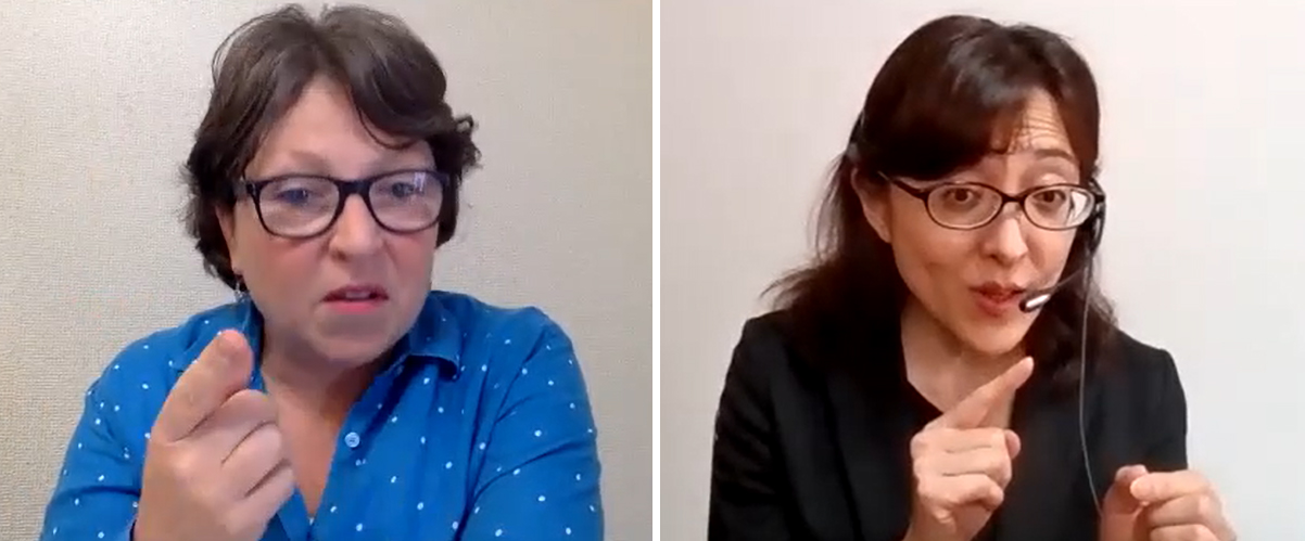 Peggy Prosser (left) is interviewed through a Japanese Sign Language interpreter in a video conference. | MAGDALENA OSUMI