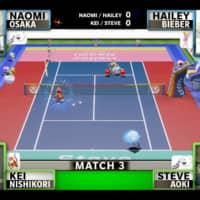 Kei Nishikori (bottom left) and DJ Steve Aoki (bottom right) take on Naomi Osaka (top left) and model Hailey Bieber in Mario Tennis Aces during a virtual tennis tournament for charity on Sunday. | KYODO