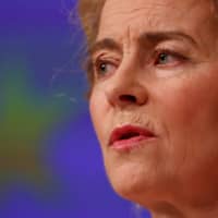 European Commission President Ursula von der Leyen holds a news conference detailing EU efforts to limit the economic impact of the coronavirus outbreak, in Brussels on April 2. | REUTERS