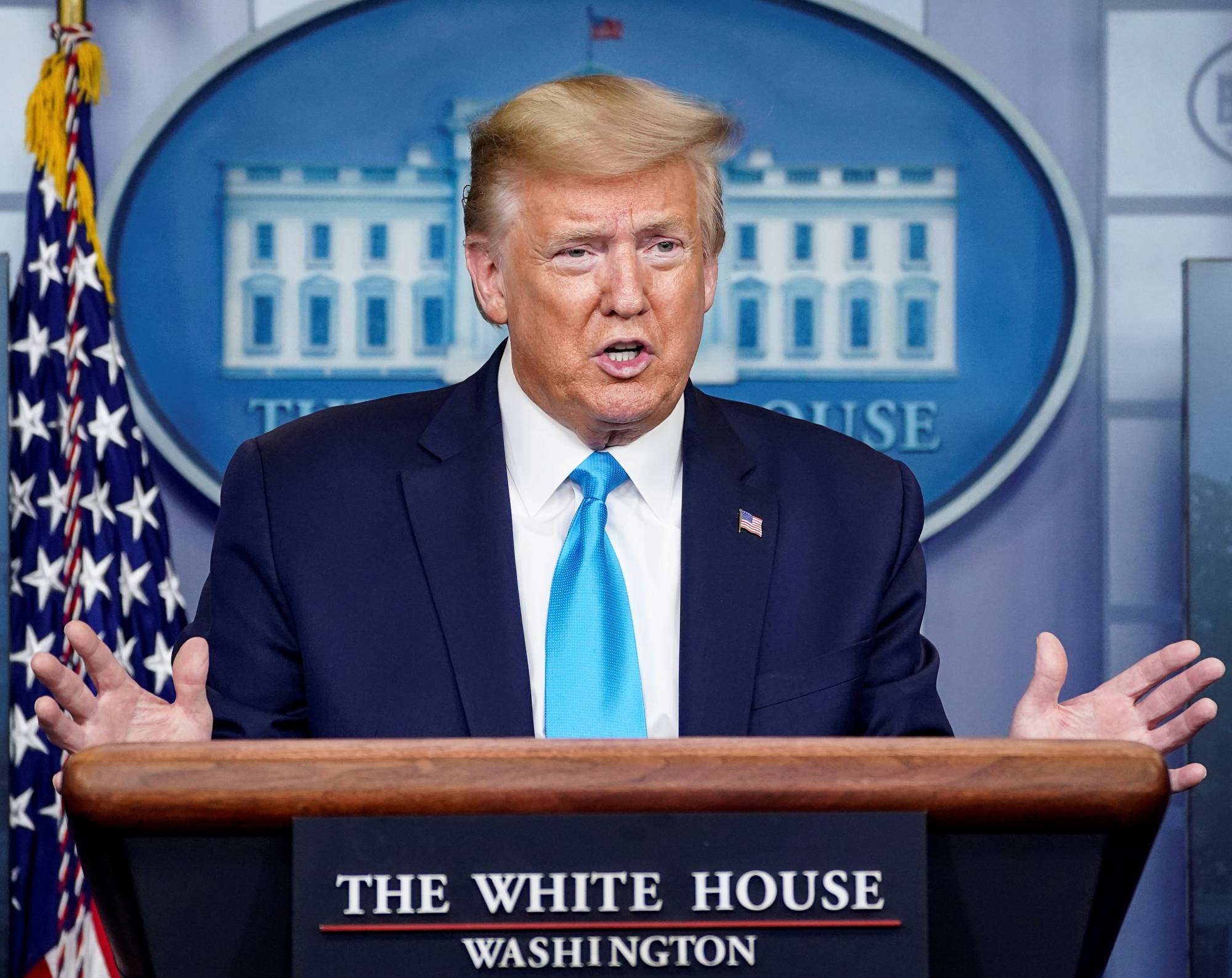 U.S. President Donald Trump addresses the daily coronavirus task force briefing at the White House in Washington on April 7. | REUTERS