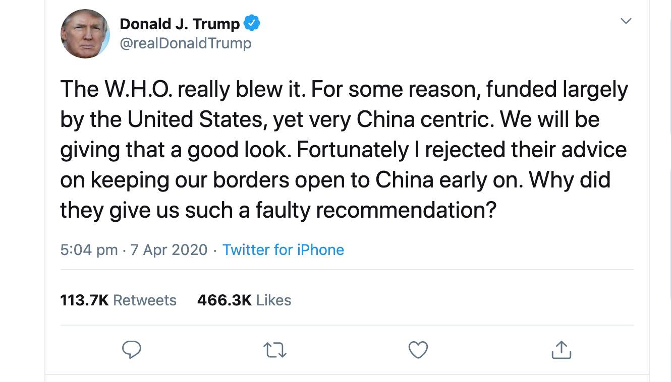 A screenshot of a tweet by U.S. President Donald Trump posted on April 7. | REUTERS