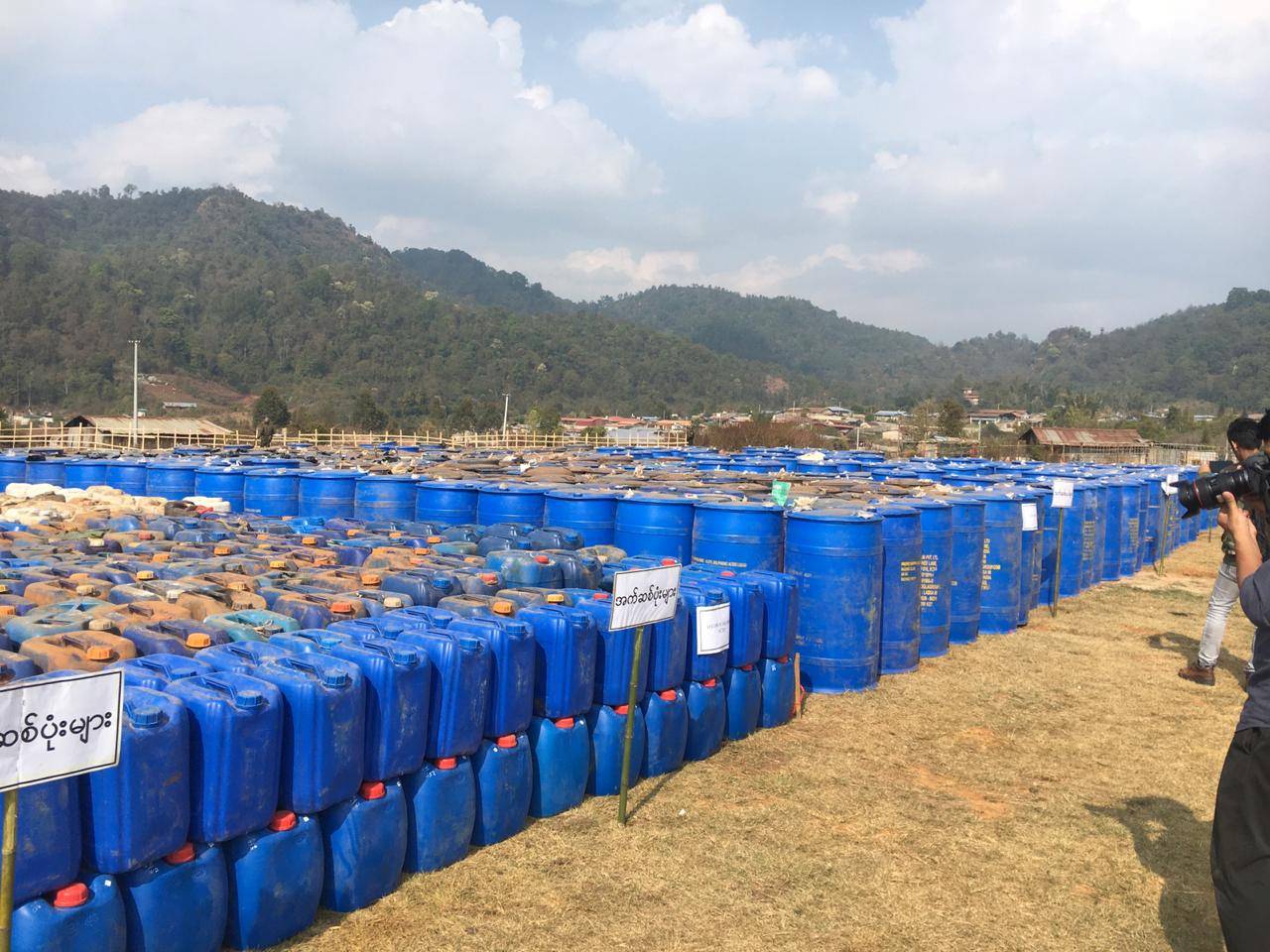Precursor chemicals used to make illicit drugs such as methamphetamine, ketamine, heroin and fentanyl seized by Myanmar police and military are seen in this undated photo near Loikan village in Shan State between February and April 2020 in what the United Nations Office on Drugs and Crime described as Asia's biggest-ever drug bust. | MYANMAR POLICE / UNODC / VIA REUTERS