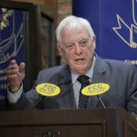 Chris Patten, Hong Kong\'s last British governor, listens to questions at The Foreign Correspondents\' Club to promote his book in the city in September 2017. | AP