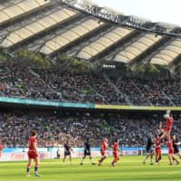 Scotland and Russia compete during a Rugby World Cup match at Shizuoka Stadium Ecopa on Oct. 9, 2019, in Fukuroi, Shizuoka Prefecture. | REUTERS