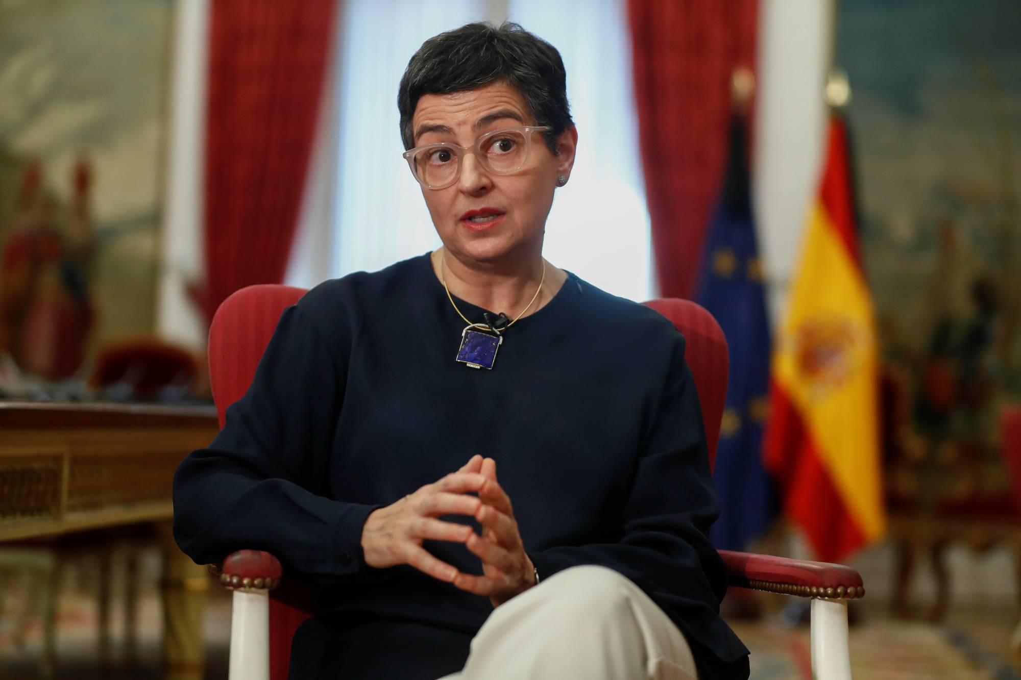 Spanish Foreign Minister Arancha Gonzalez Laya is interviewed at the Ministry of Foreign Affairs in Madrid on Thursday. | REUTERS
