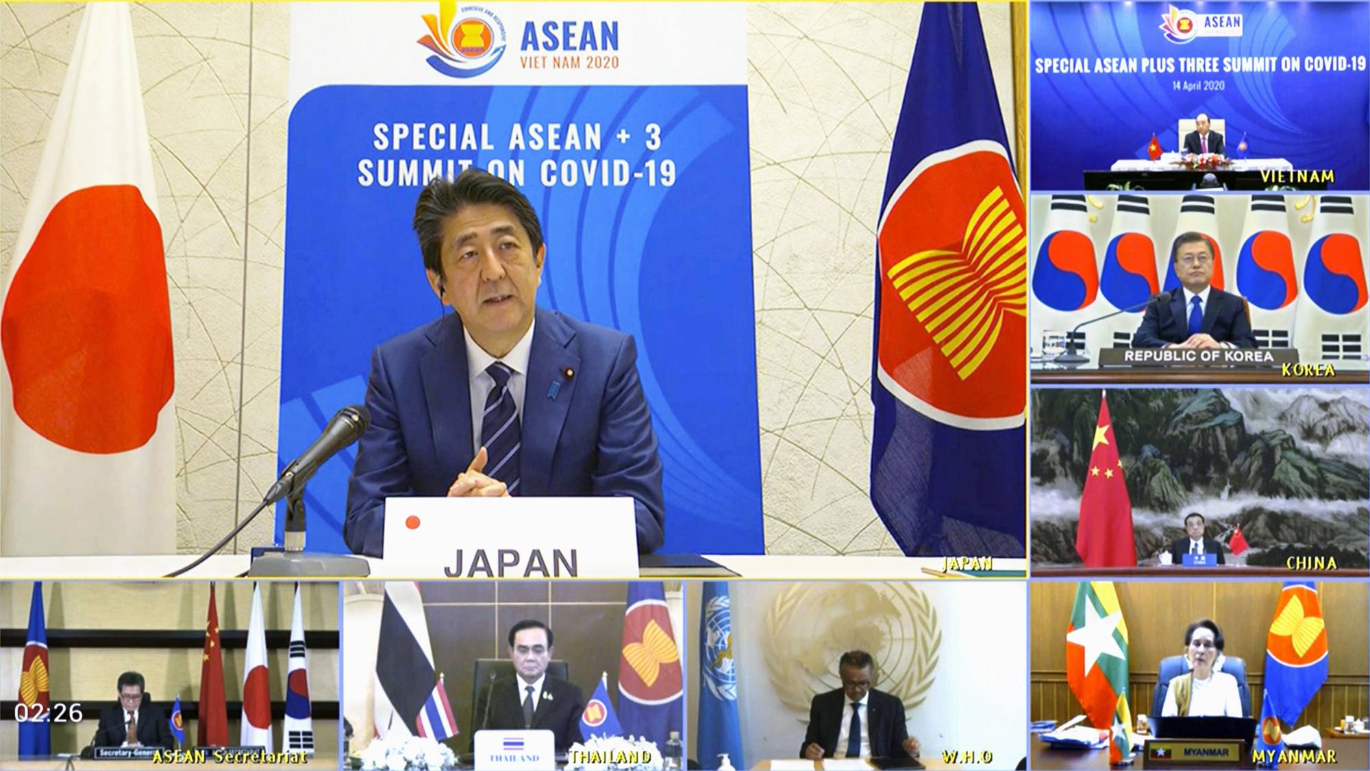 In this screen grab from a video provided by Vietnamese national television network VTV, Prime Minister Shinzo Abe speaks to ASEAN Plus Three leaders during a virtual summit in April.   | VTV / VIA AP