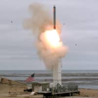 The U.S. Defense Department conducts a flight test of a conventionally configured ground-launched cruise missile at San Nicolas Island, California, last August. | DOD / VIA REUTERS